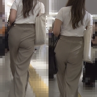 尻追尾6＊薄手ベージュスラックスを尻に食い込ませて階段を上る美人過ぎる巨尻OL